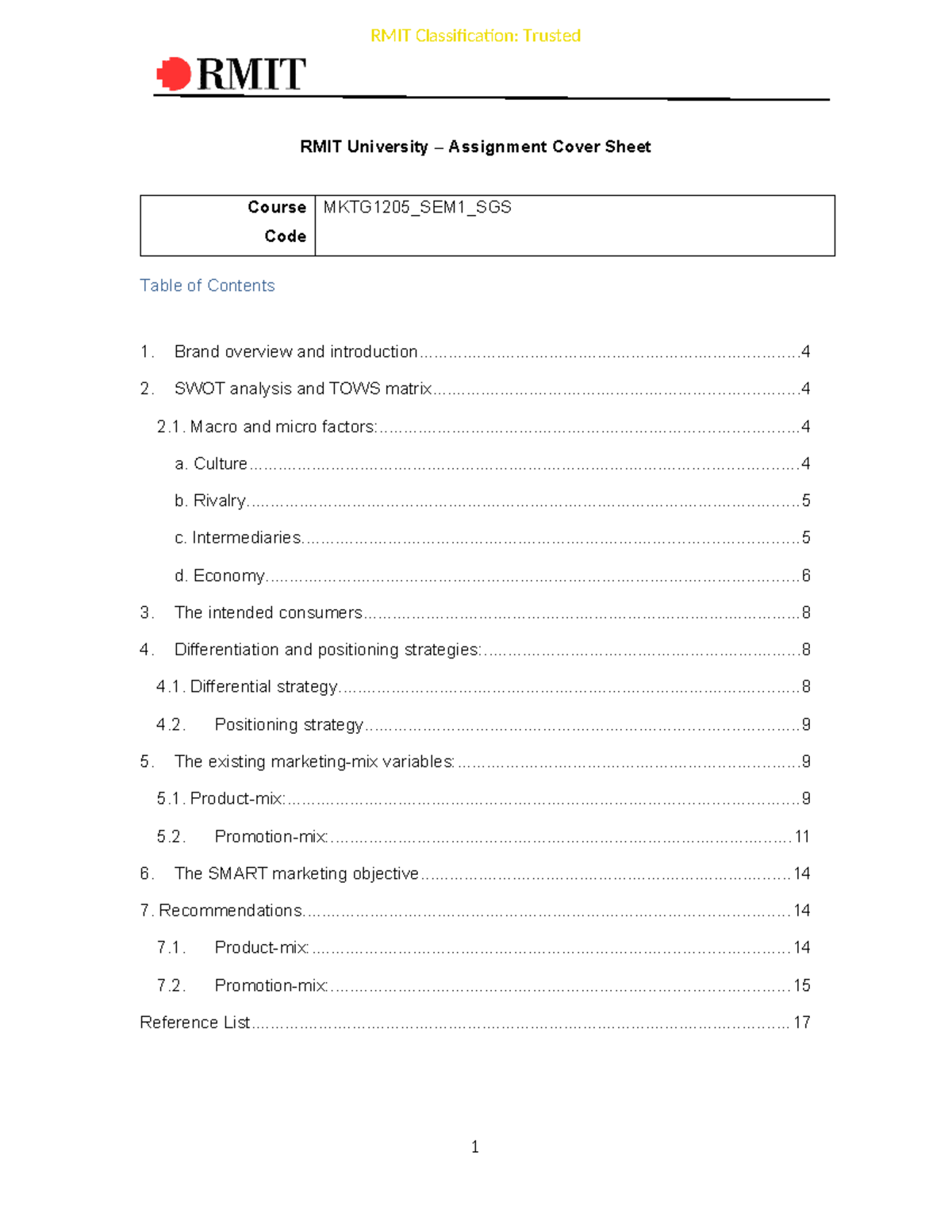 ASM 1 Marketing Principles - RMIT University – Assignment Cover Sheet ...