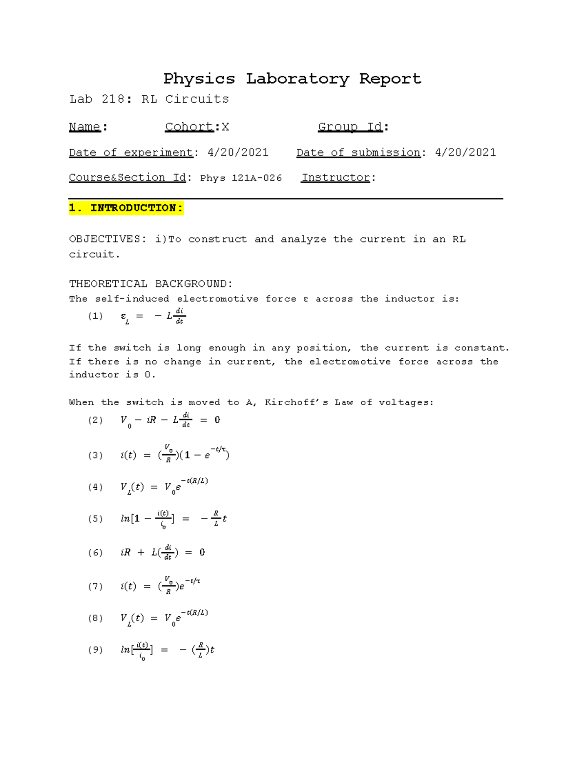 Physics Lab121A Report 218 Physics Laboratory Report Lab 218 RL