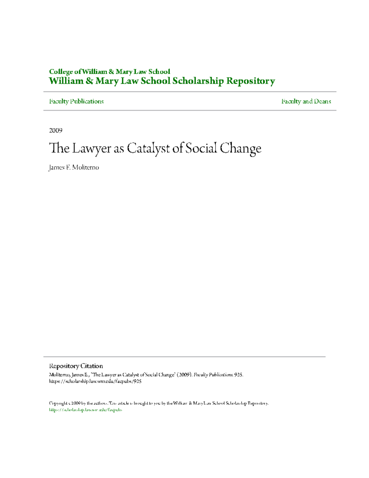 The Lawyer as Catalyst of Social Change College of William & Mary Law
