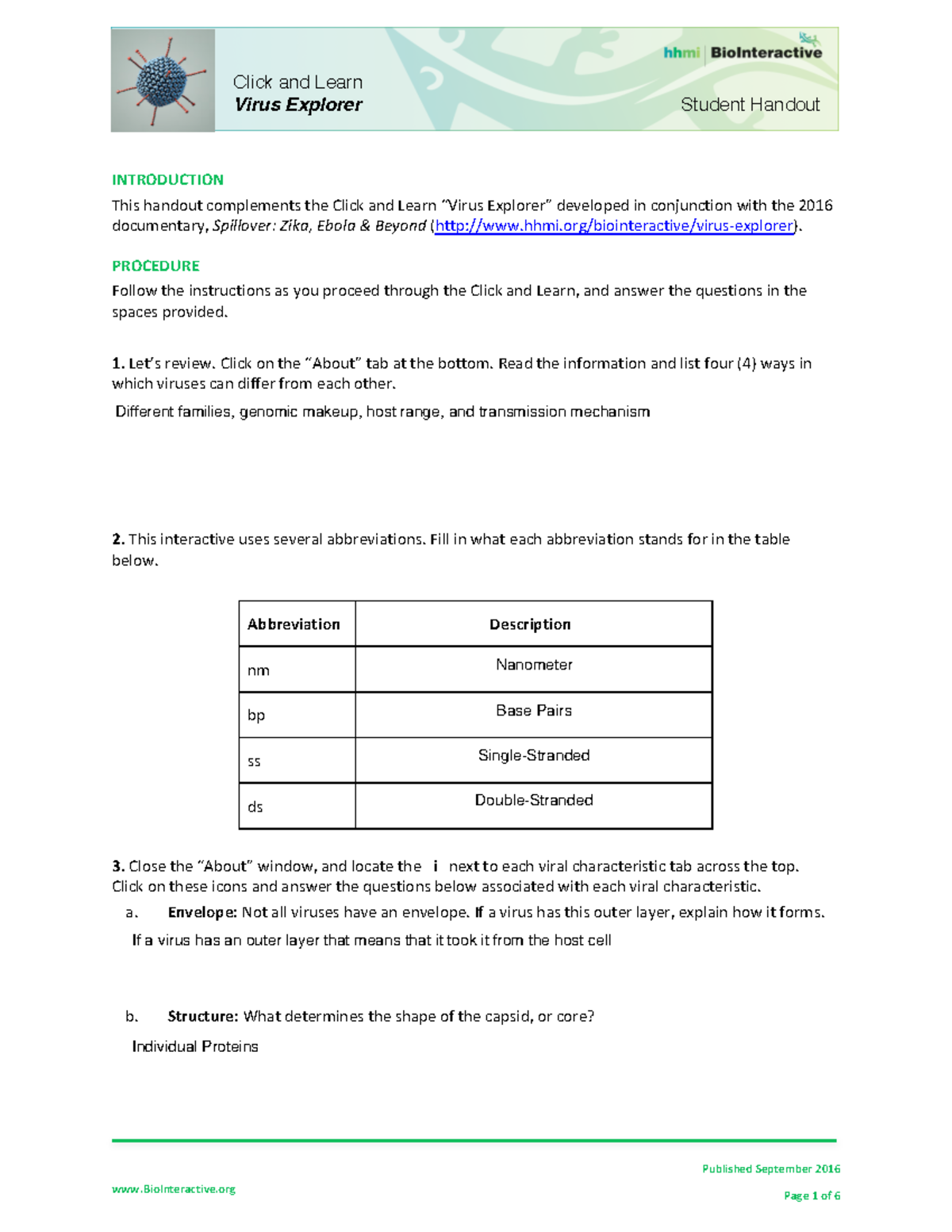 Virus explorer worksheet BioInteractive Published September 2016 Student Handout Virus 