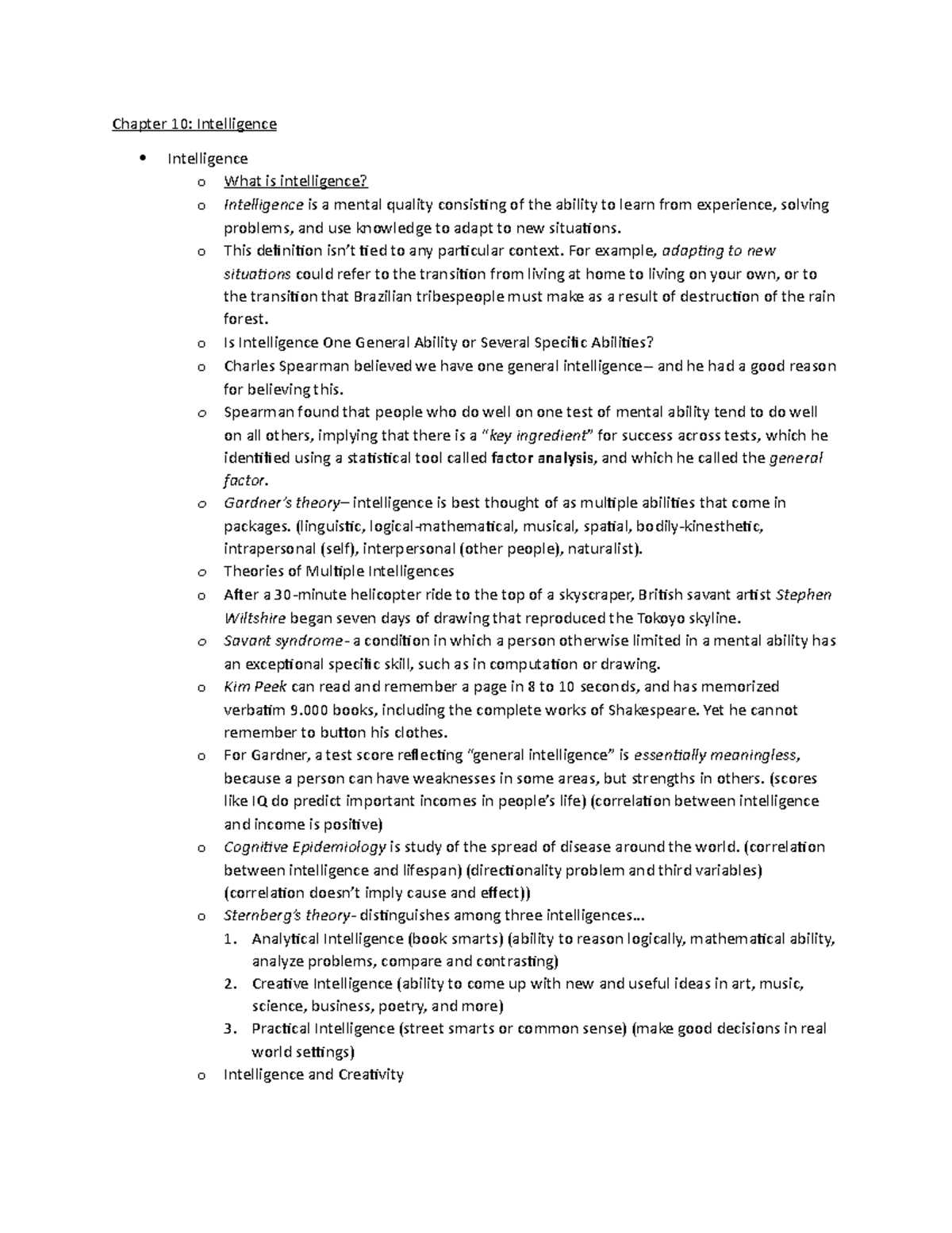 Psych lecture notes chapter 10 - Chapter 10: Intelligence Intelligence ...