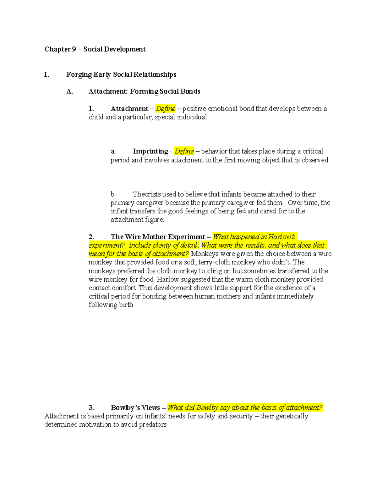 Chapter 9 - Chapter 9 – Social Development I. Forging Early Social ...