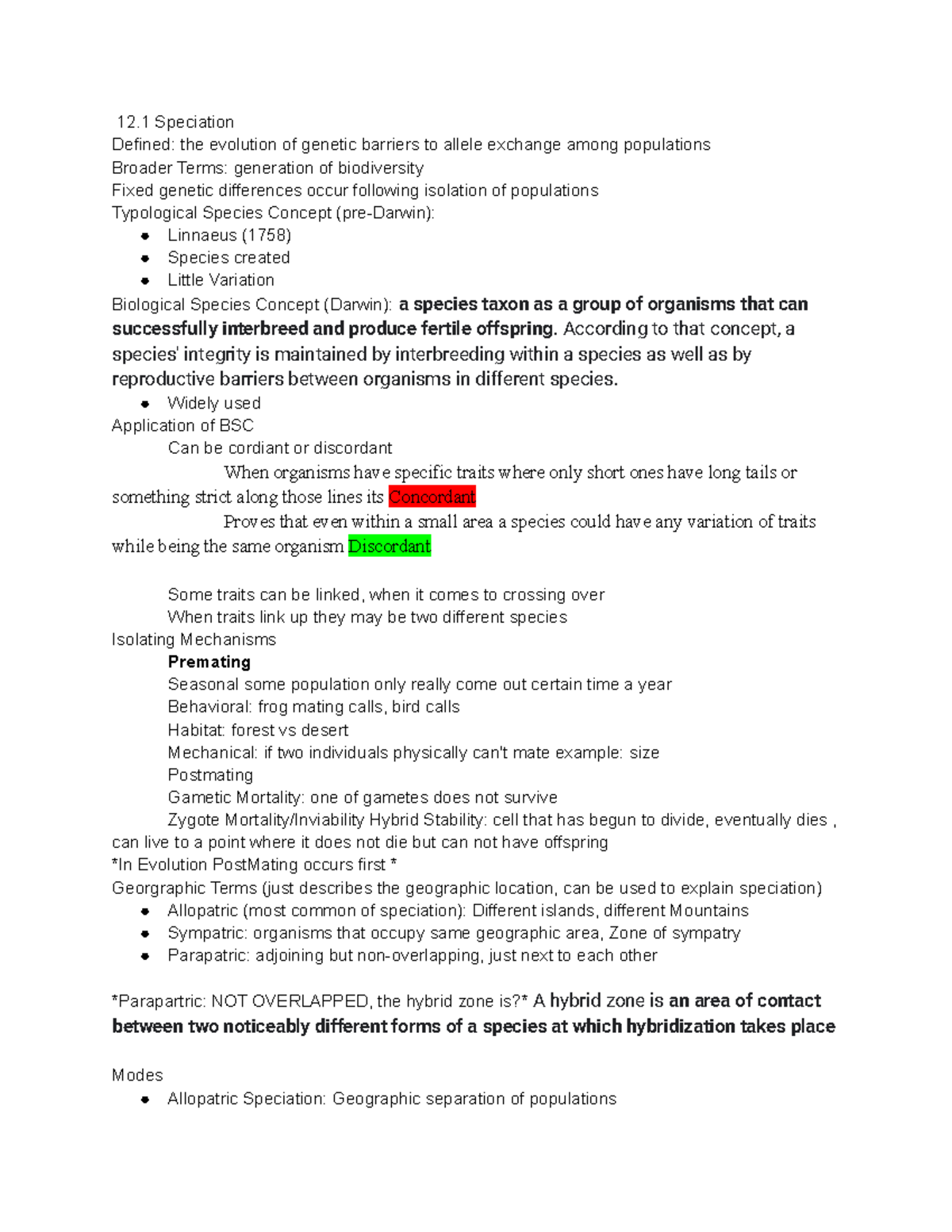 Evolution 3 - Lecture notes Exam 3 - 12 Speciation Defined: the ...