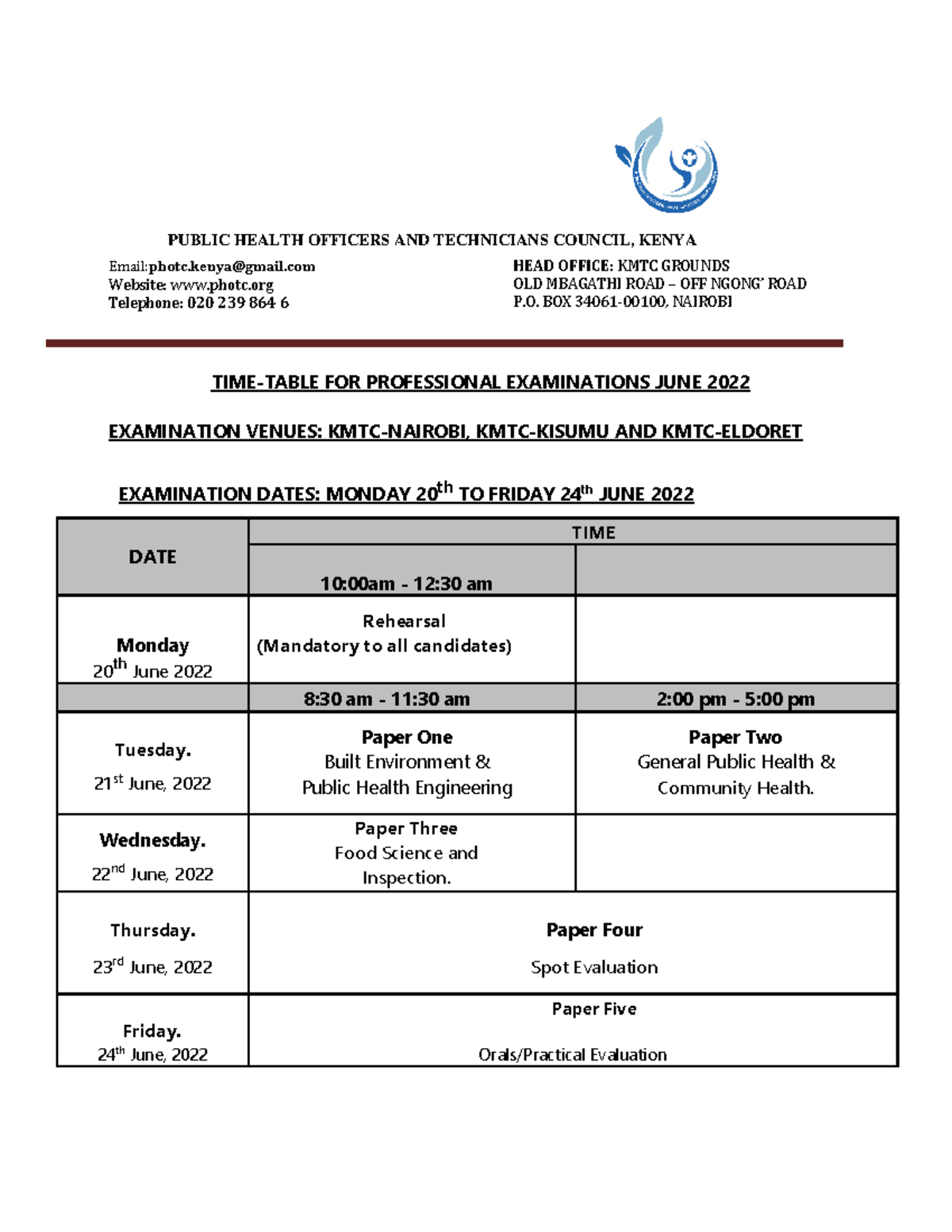 Timetable - Descriptive - PUBLIC HEALTH OFFICERS AND TECHNICIANS ...