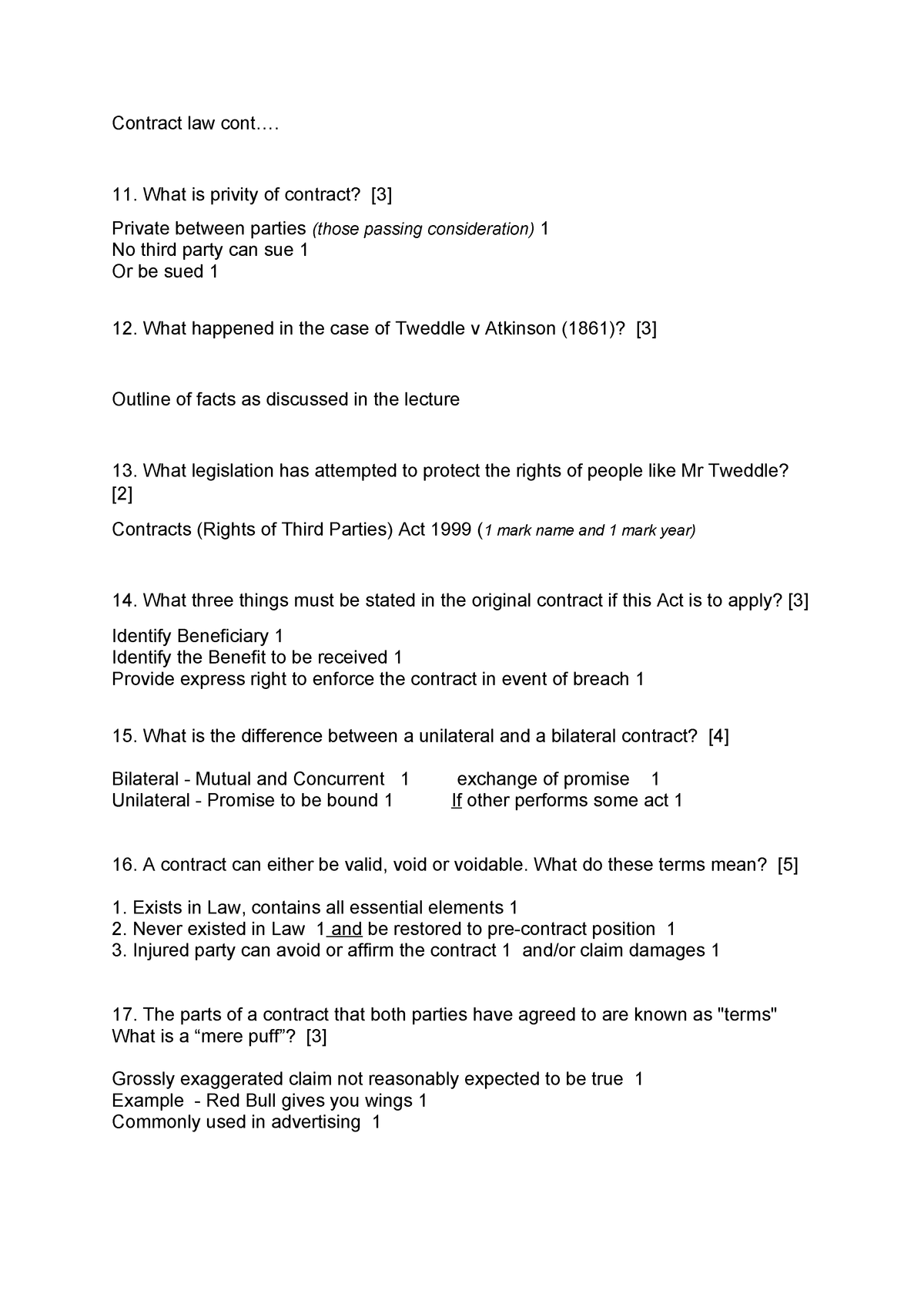 Sample/practice exam 2018, questions and answers Contract law cont 11 Sns-Brigh10