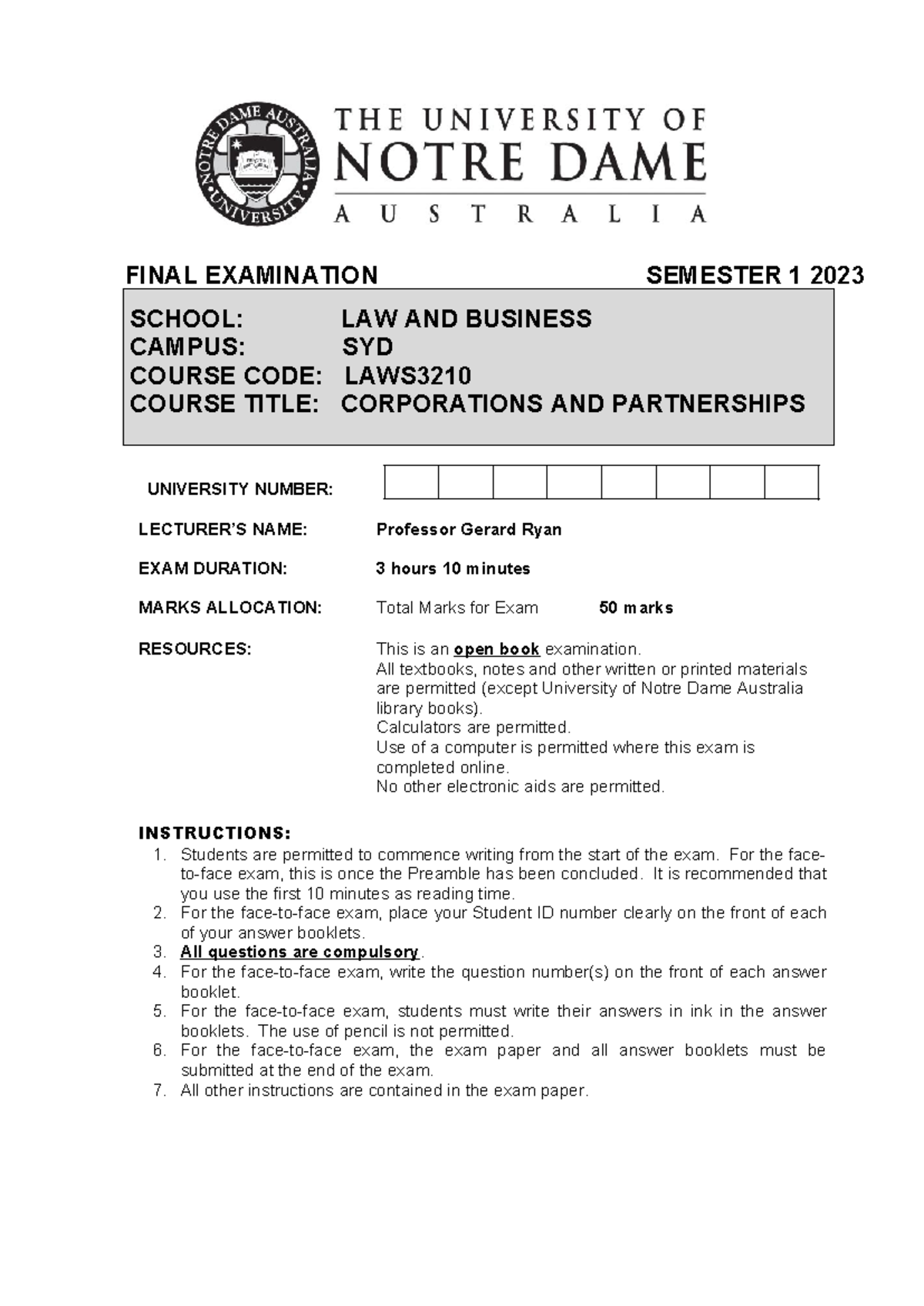 Corporations 23S1 final exam study version - FINAL EXAMINATION SEMESTER ...