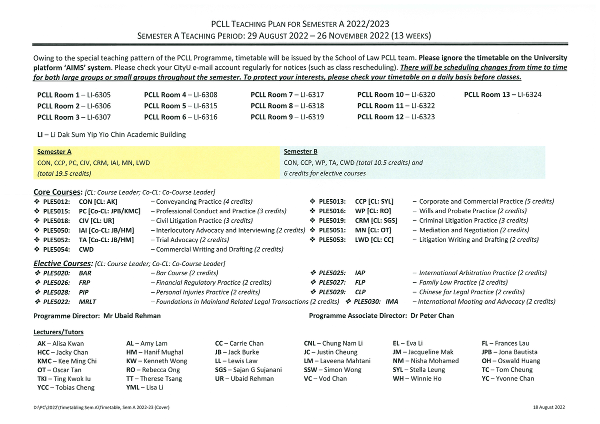 PCLL Sem A Timetable (20220823) - Postgraduate Certificate of Laws ...