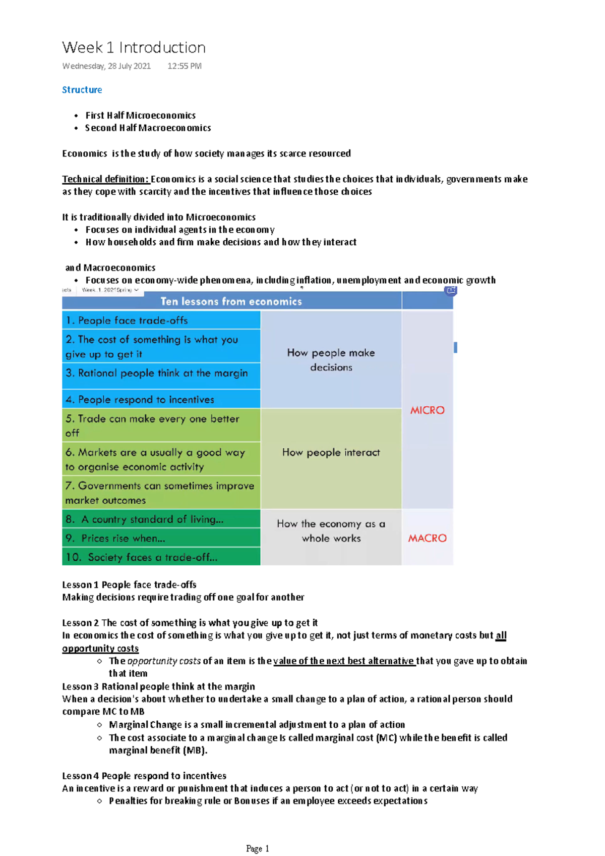 Week 1 Introduction to Microeconomics - Structure FirstSecond Half Half ...
