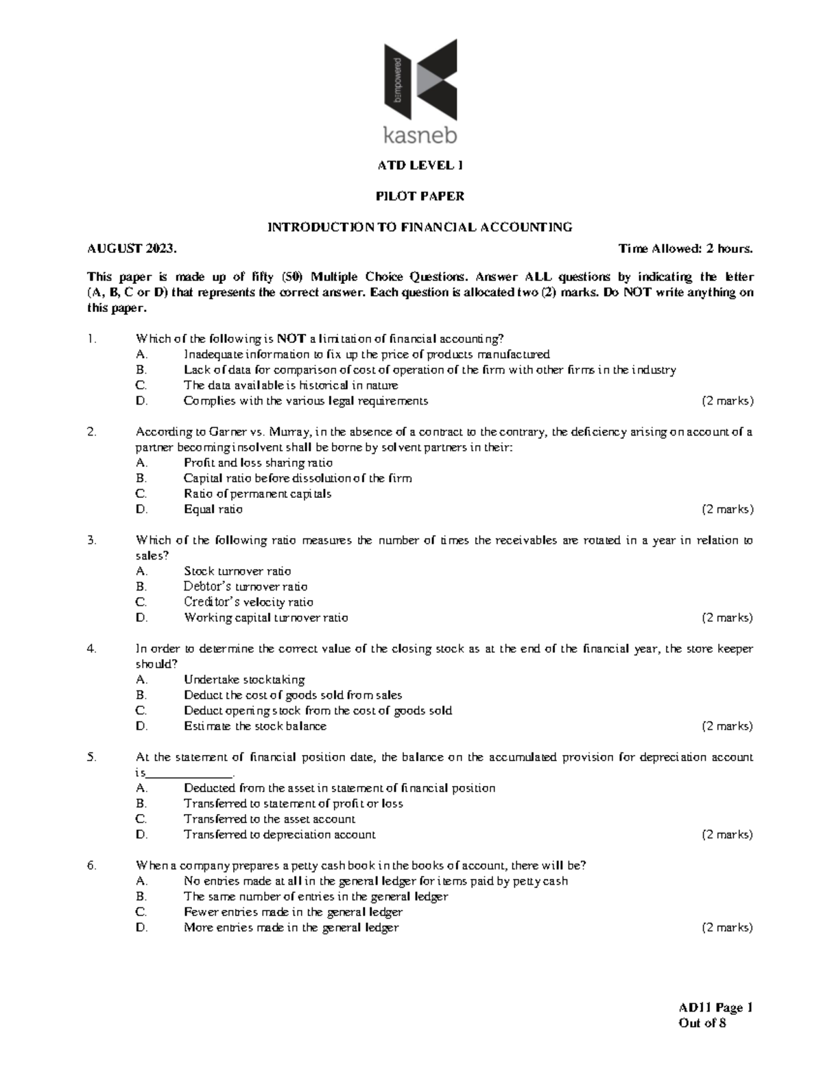 AD11 Introduction to Financial Accounting - AD11 Page 1 ATD LEVEL I ...