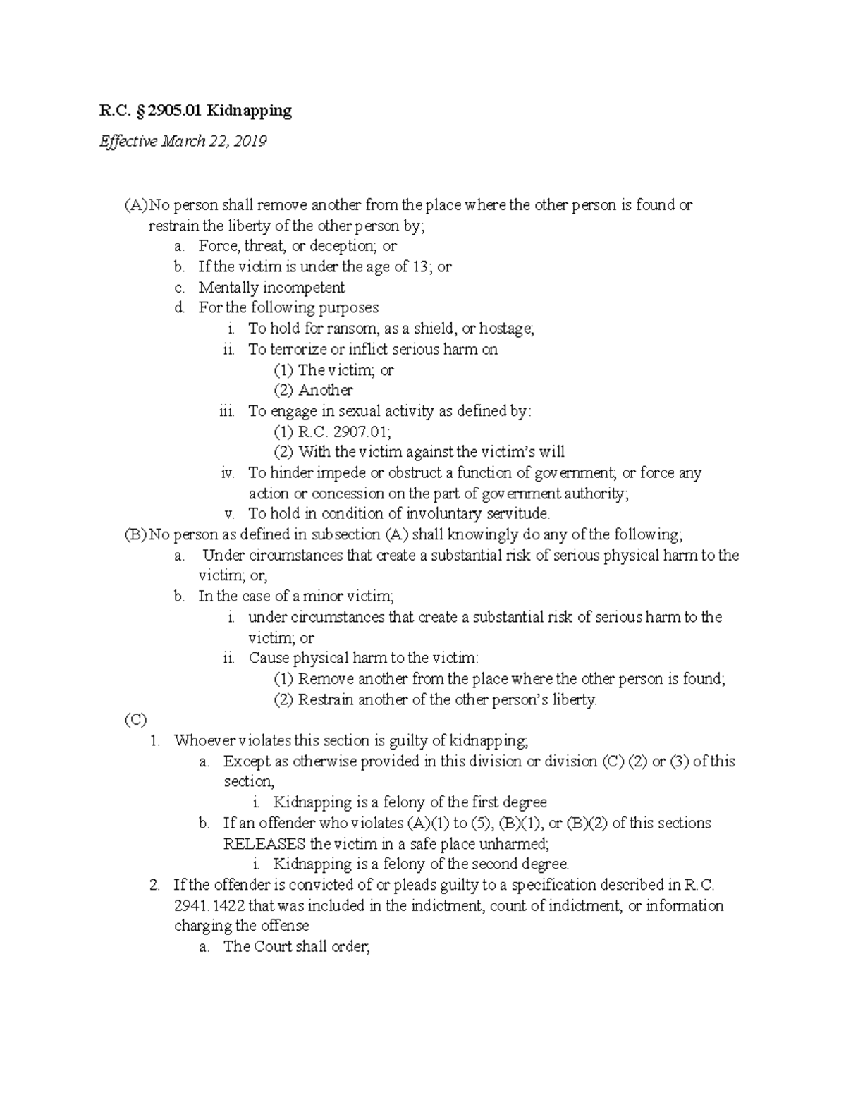 Practice Statute Breakdown R. § 2905 Kidnapping Effective March 22