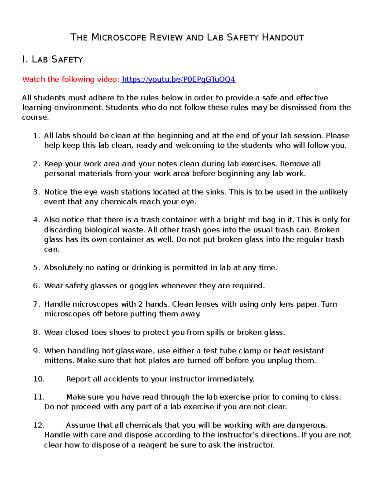 The Microscope Review and Lab Safety Handout THE MICROSCOPE REVIEW