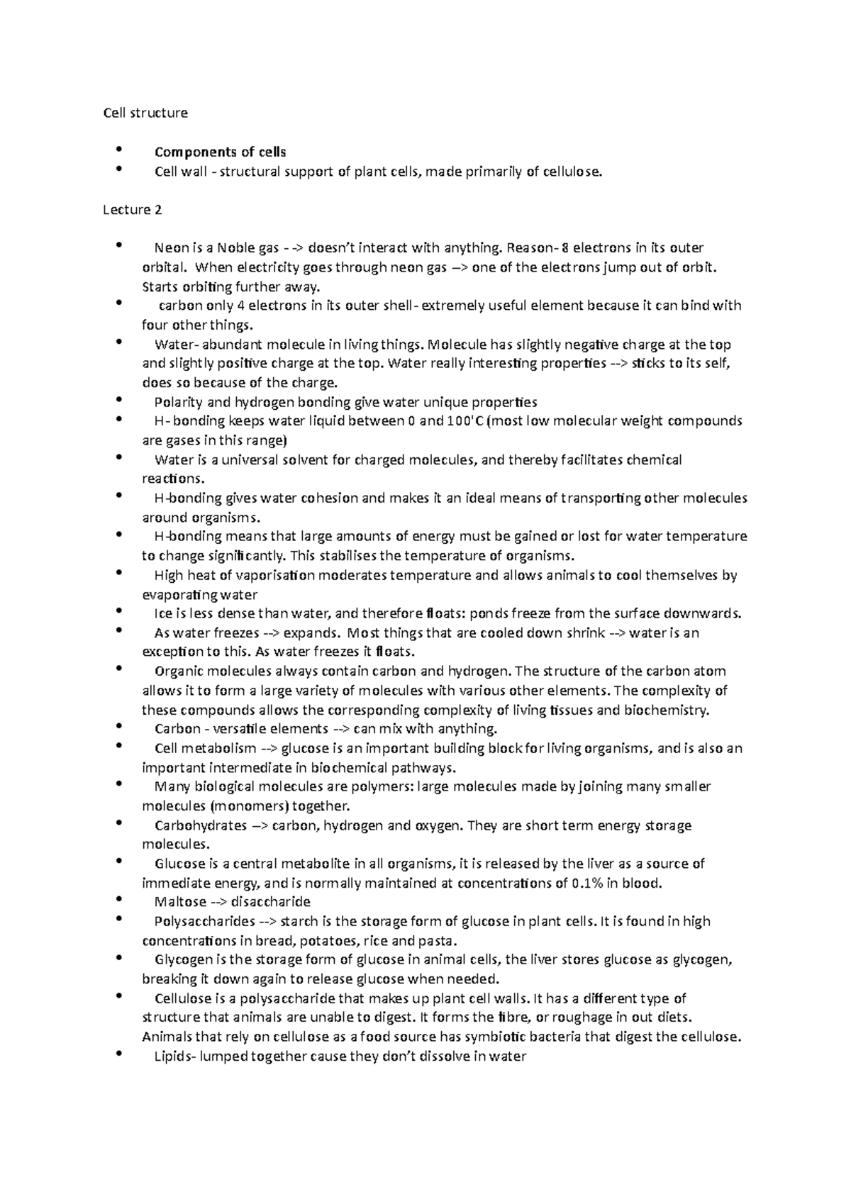 Cell Structure - Lecture notes 1 - Cell structure Components of cells ...