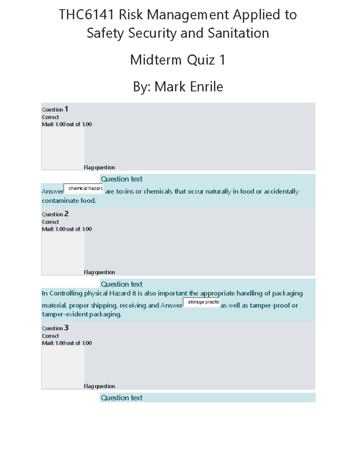 Midterm Q1 THC6141 Risk Management Applied to Safety Security and