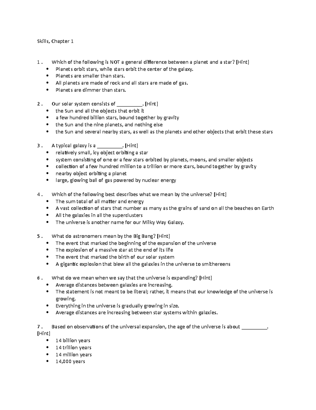Astro question compilation - Skills, Chapter 1 1. Which of the ...