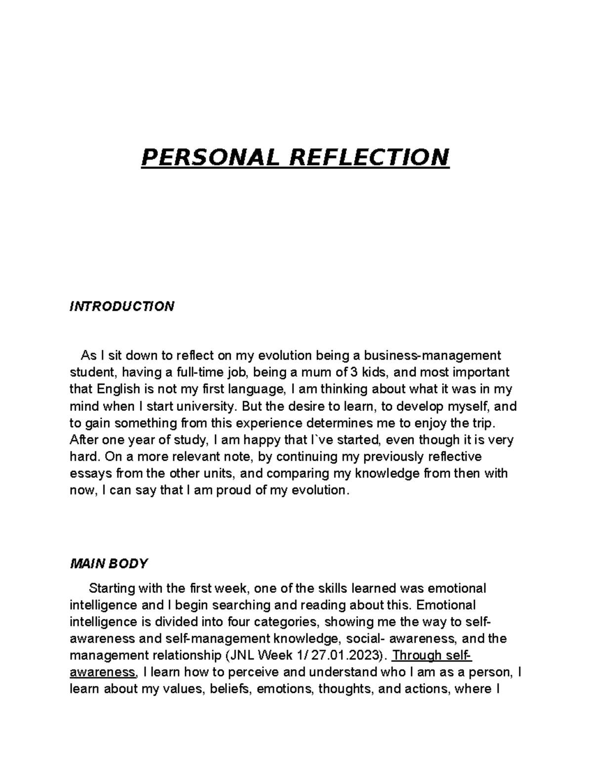 Personal Reflection - PERSONAL REFLECTION INTRODUCTION As I sit down to ...