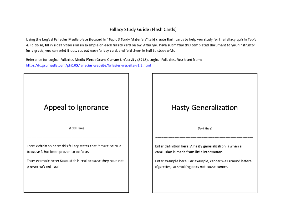 Fallacy Study Guide PHI 105 UNV 104 - Fallacy Study Guide (Flash Cards ...
