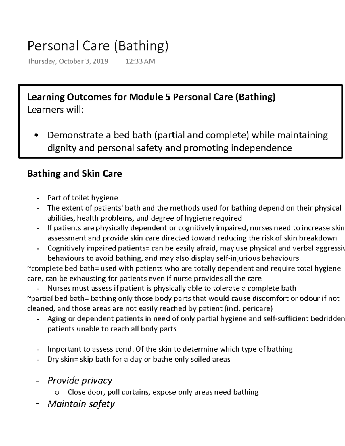 Personal Care (Bathing) Learning for Module 5 Personal Care