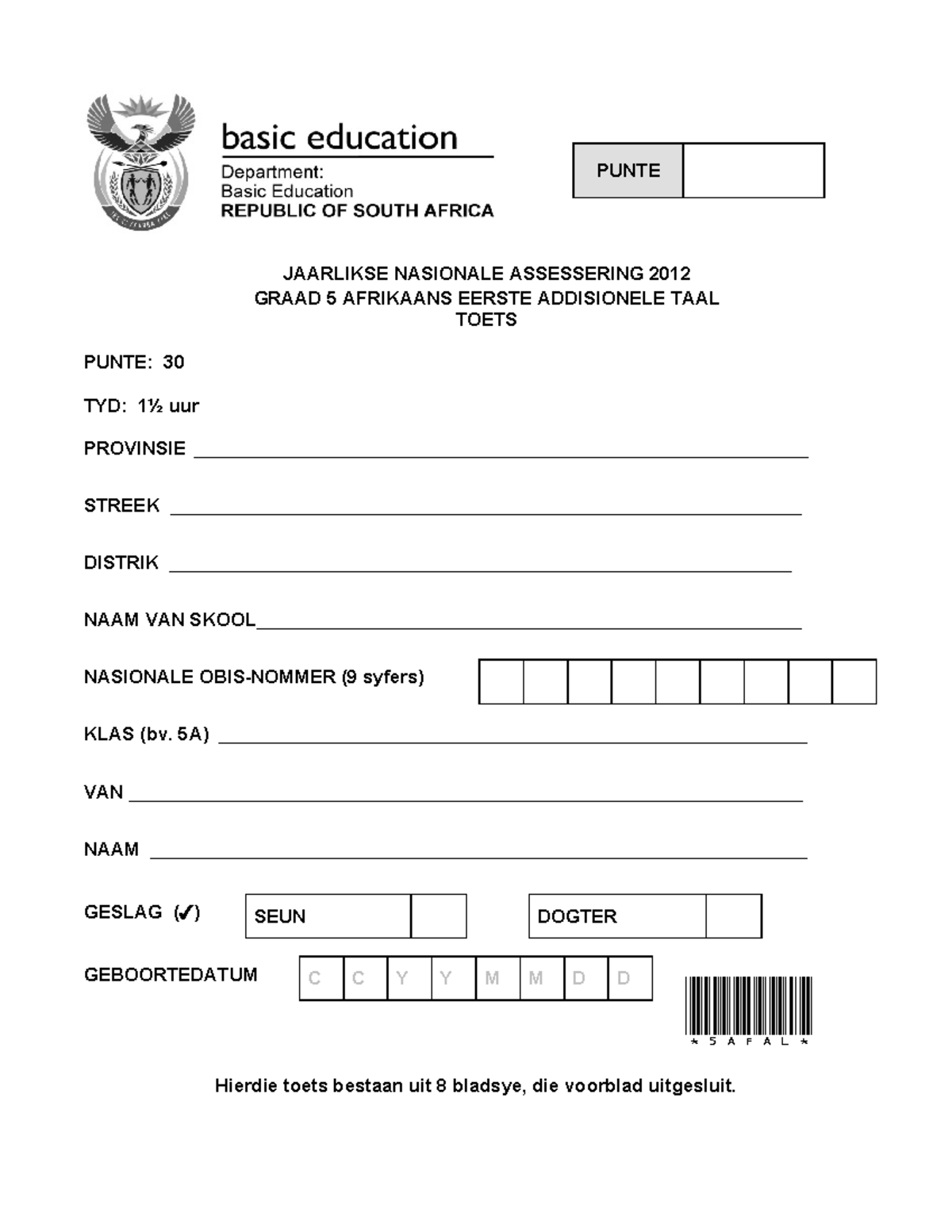 Afrikaans FAL Graad 5 2012 - JAARLIKSE NASIONALE ASSESSERING 2012 GRAAD ...