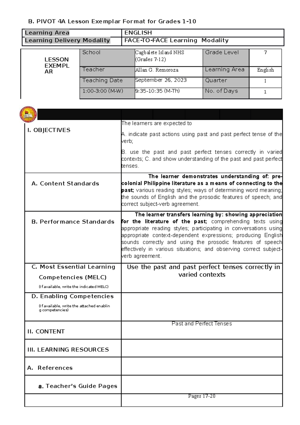 IDEA- Exemplar-JHS-AGR7 Week-4 - B. PIVOT 4 A Lesson Exemplar Format ...