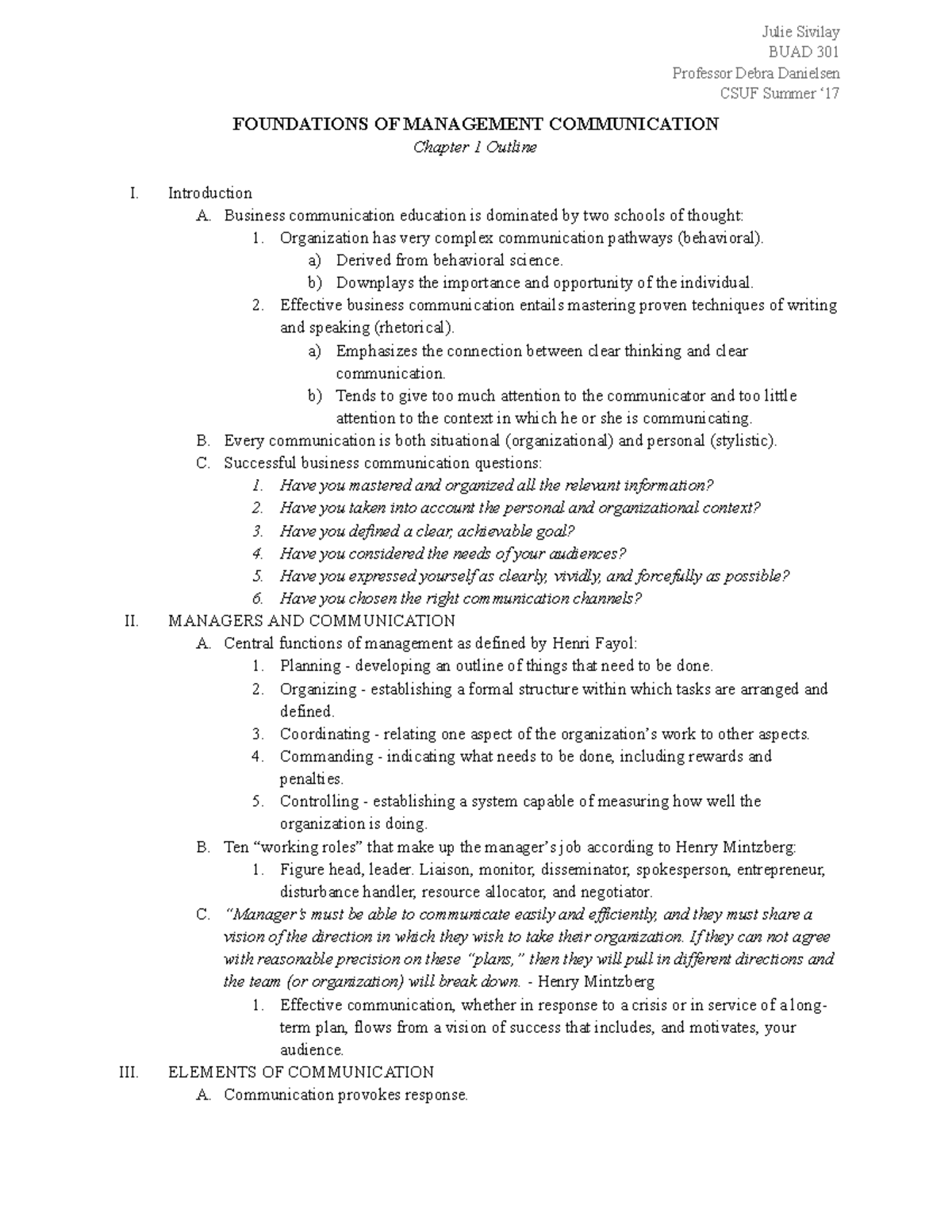 BUAD 301 Chapter 1 Outline - Julie Sivilay BUAD 301 Professor Debra ...