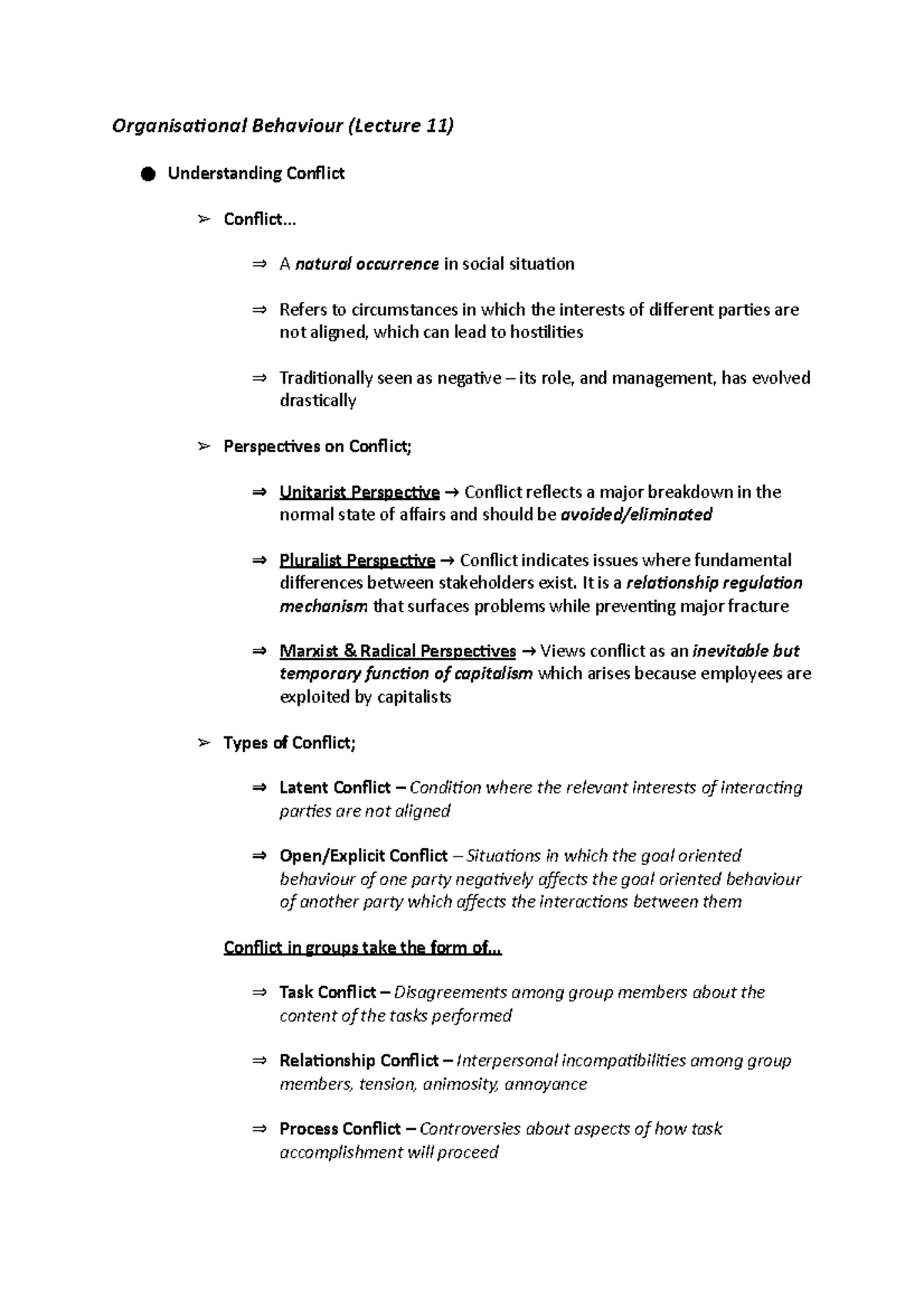 Organisational Behaviour (Lecture 11 Notes) - Organisational Behaviour ...