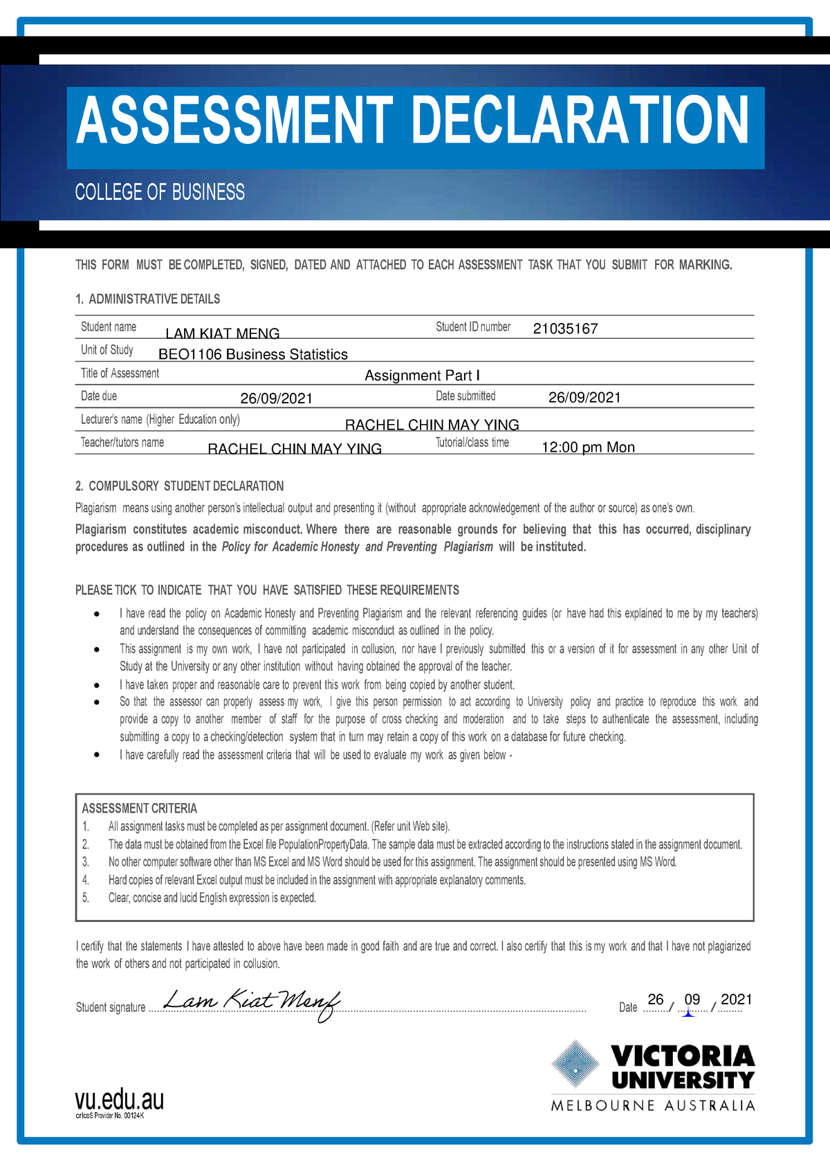 Assessment 2 Assignment Part I Model Answer - BEO1106 - VU - Studocu