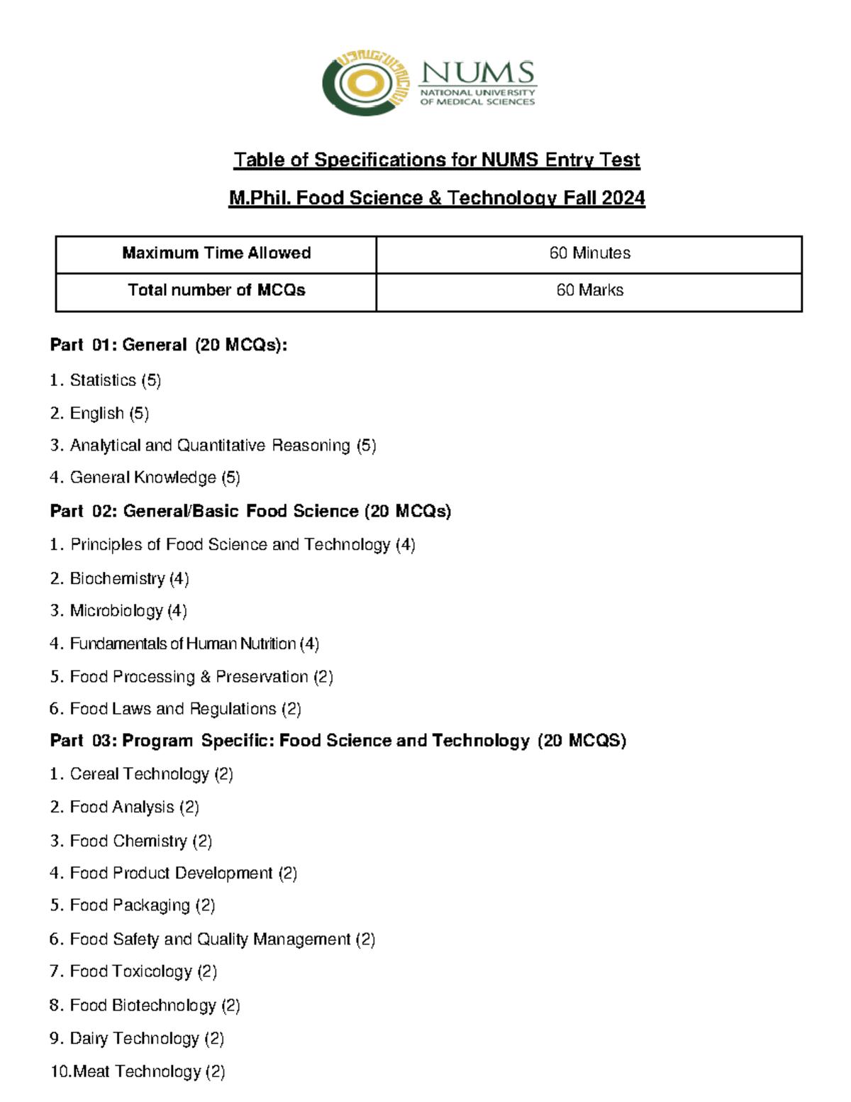 2024 To S for Entrance Exam M Phil FST NUMS 20241722921771 - Table of ...