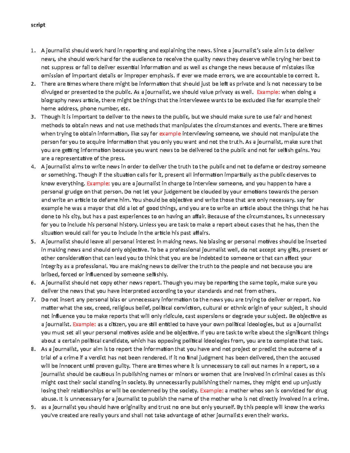 Script - script A journalist should work hard in reporting and ...
