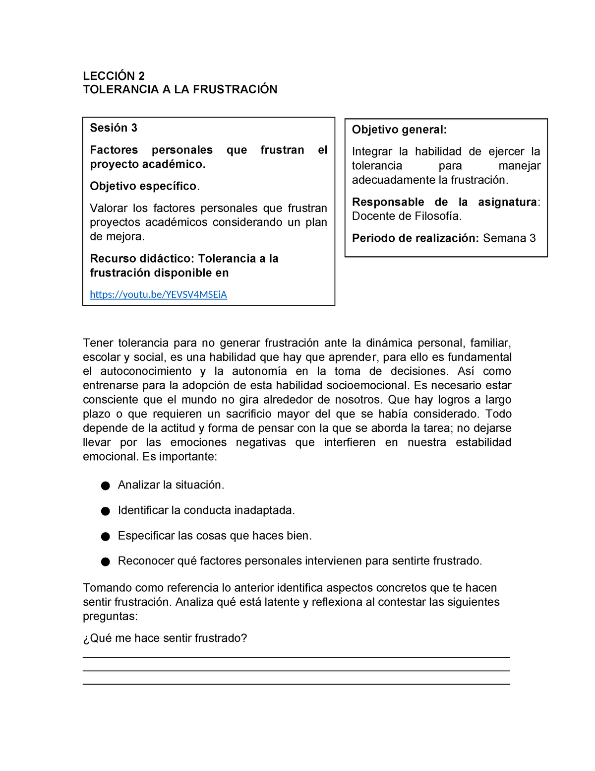 HSE Lecci%C3%93N 2 - TRabajo de leer - LECCIÓN 2 TOLERANCIA A LA ...