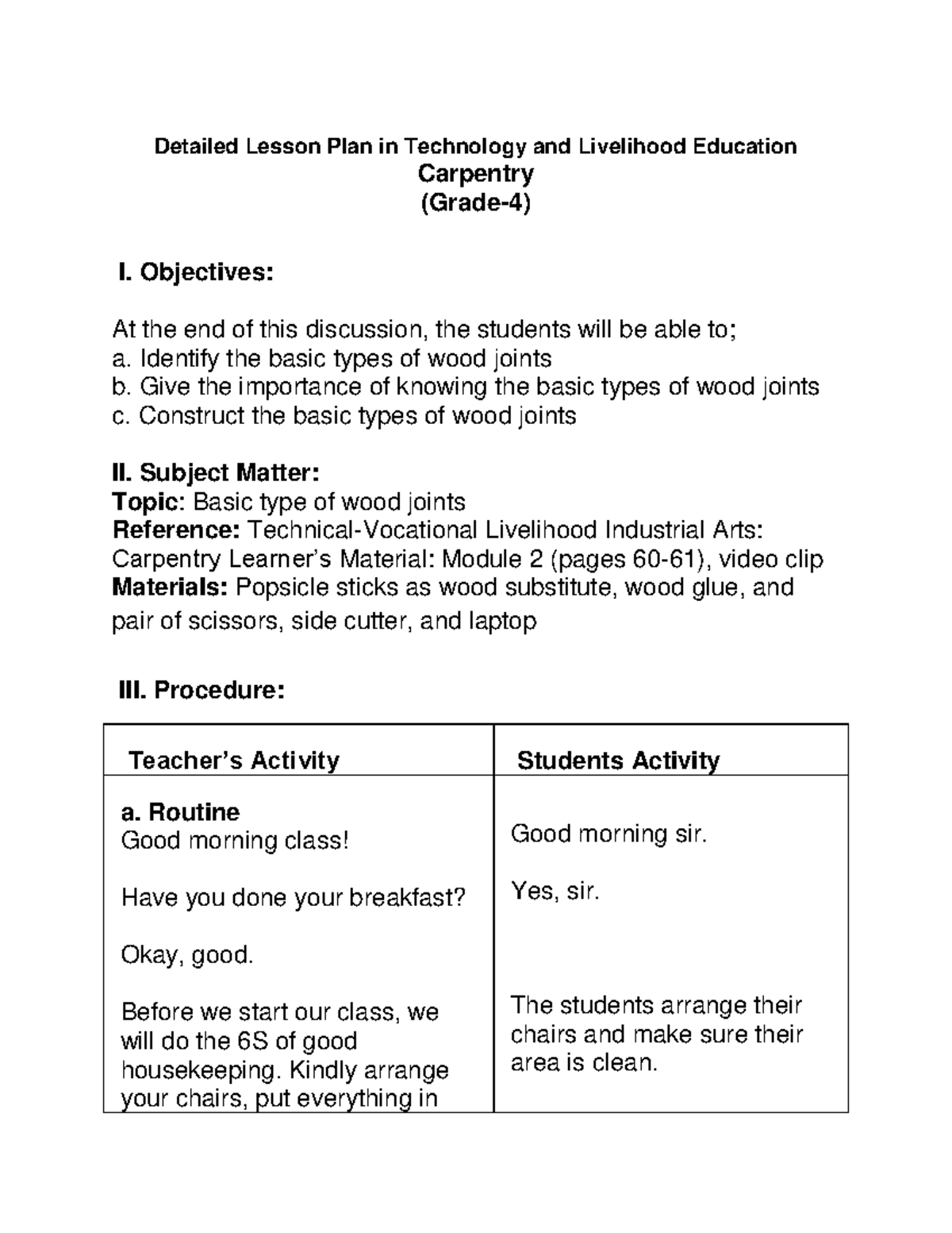 Detailed Lesson PLAN IN Carpentry Detailed Lesson Plan in Technology