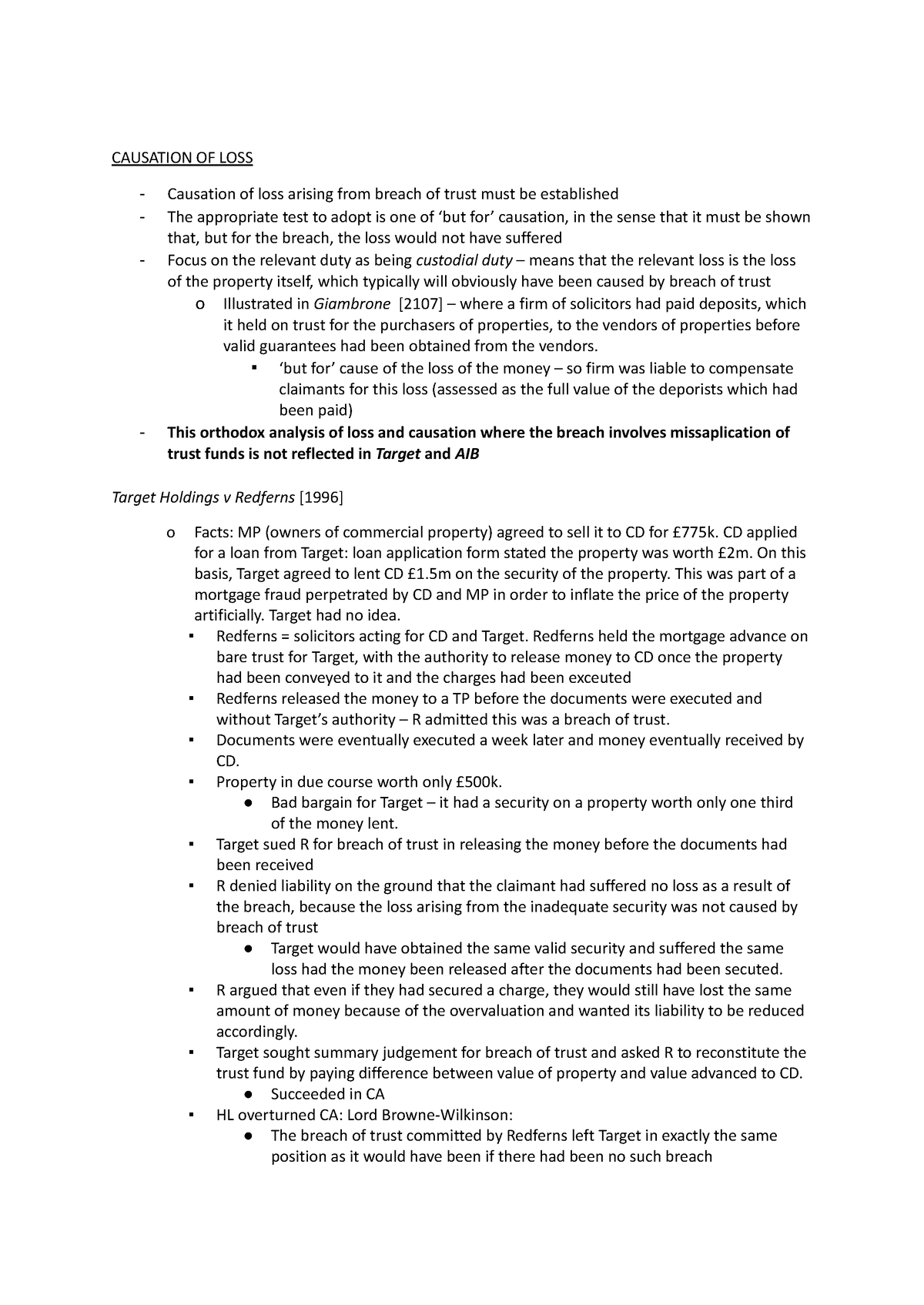 AIB and Target - CAUSATION OF LOSS - Causation of loss arising from ...