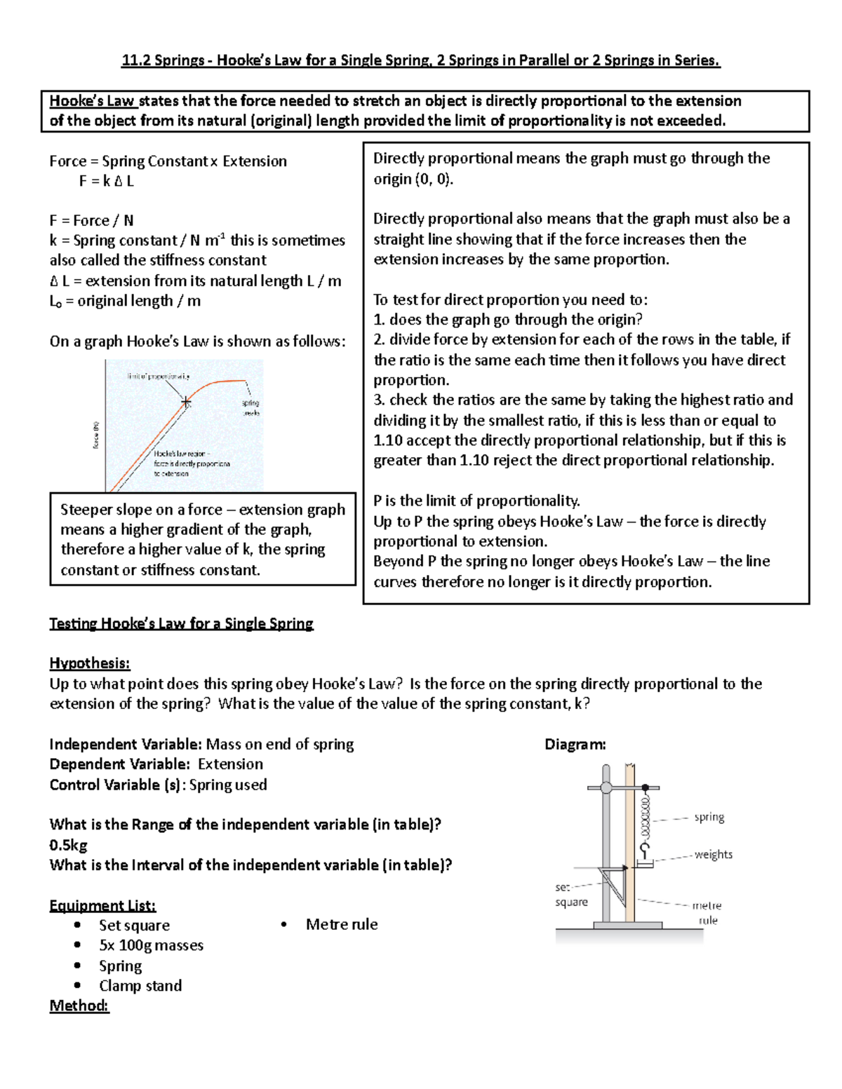 7a Hooke's Law Practical Results 2 11 Springs Hooke’s Law for a