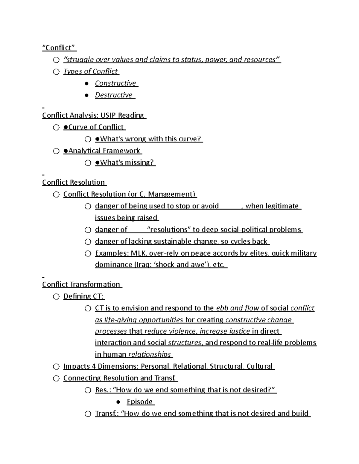 conflict analysis and transformation - “Conflict” “struggle over values ...