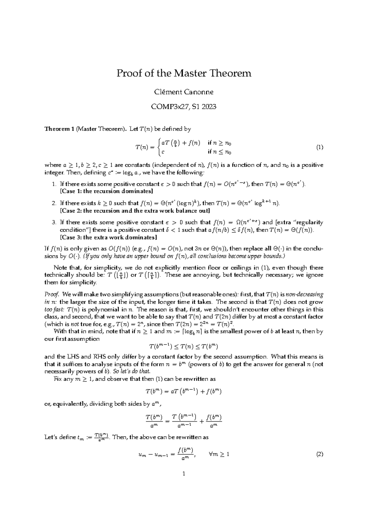 Master Theorem (proof) - Proof of the Master Theorem Cl ́ement Canonne ...