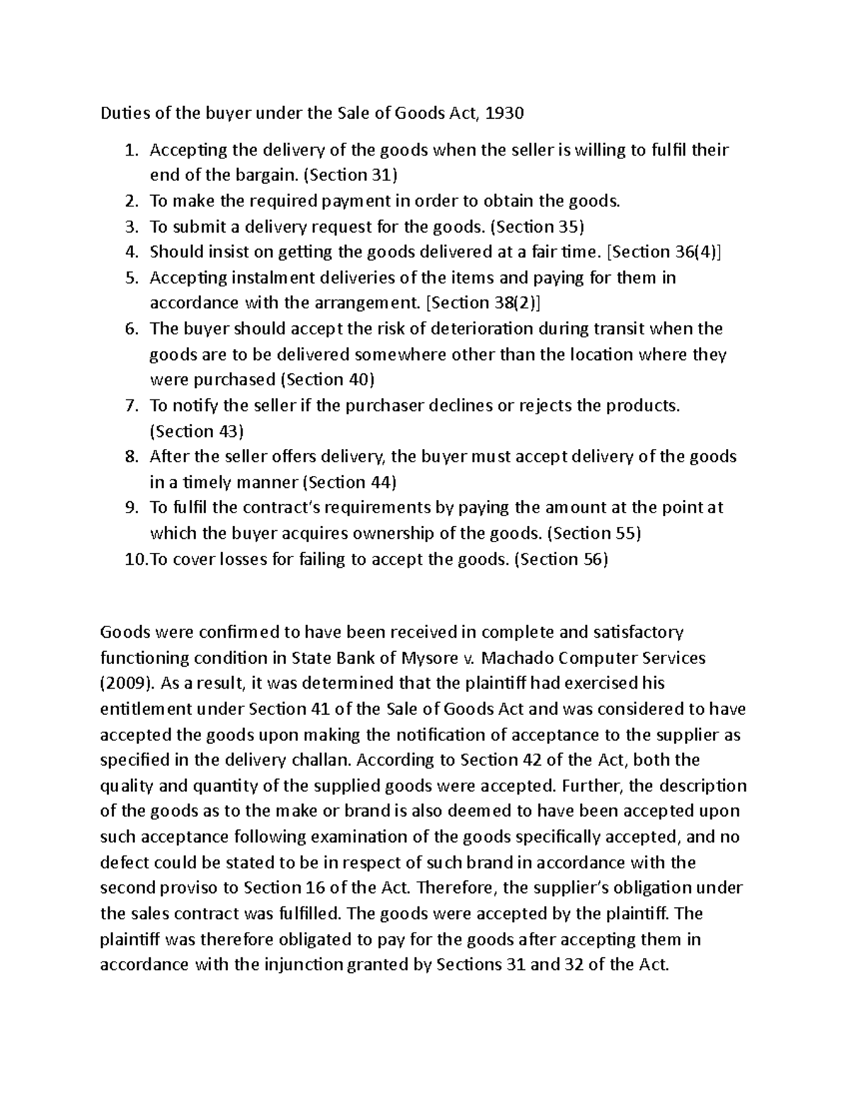 Rights and duties of both parties in a sales contact - Duties of the ...