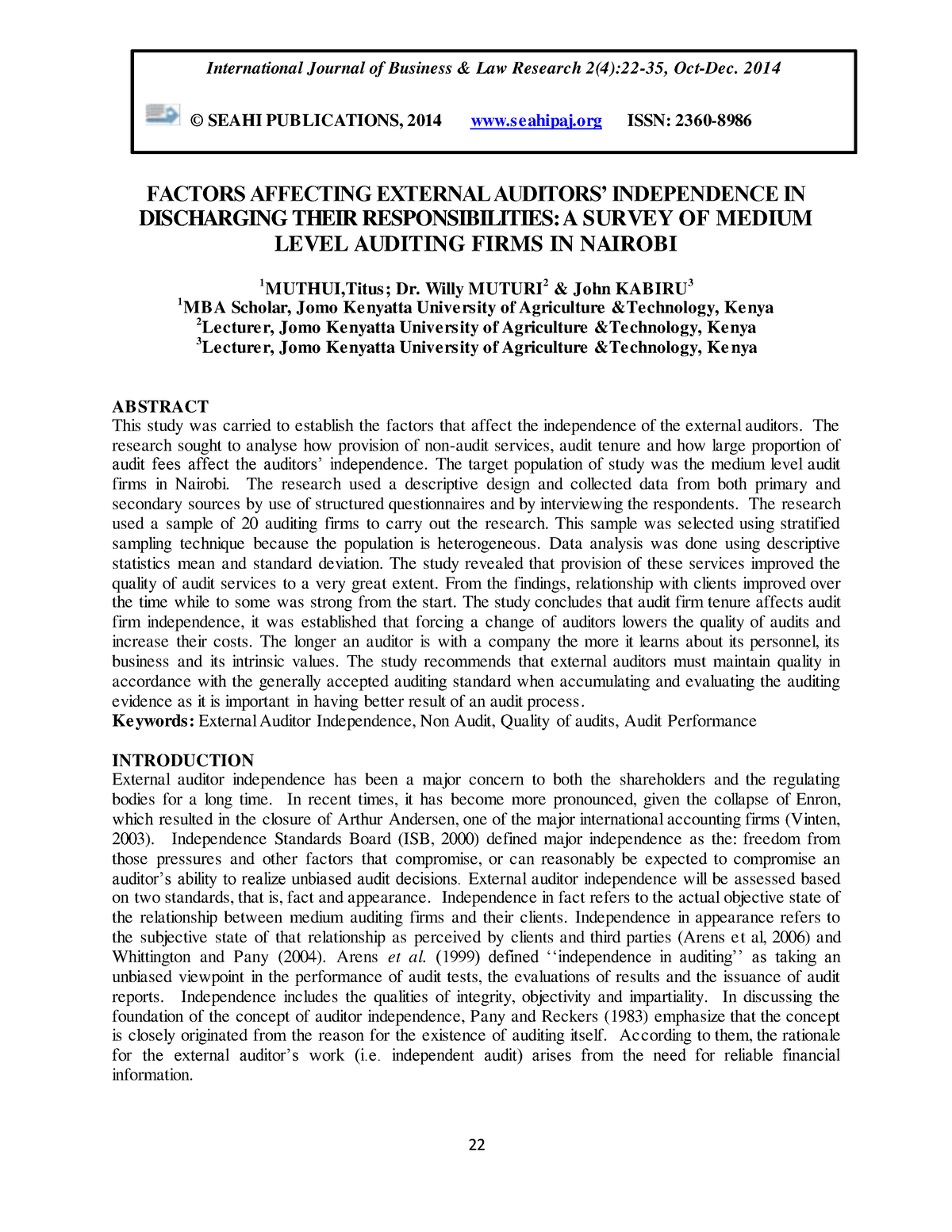 Ijblr D 3 2014 FACTORS AFFECTING EXTERNAL AUDITORS’ INDEPENDENCE IN