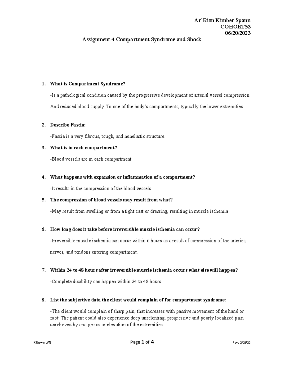 Assignment 4 Compartment Syndrome and Shock - COHORT 06/20/ Assignment ...