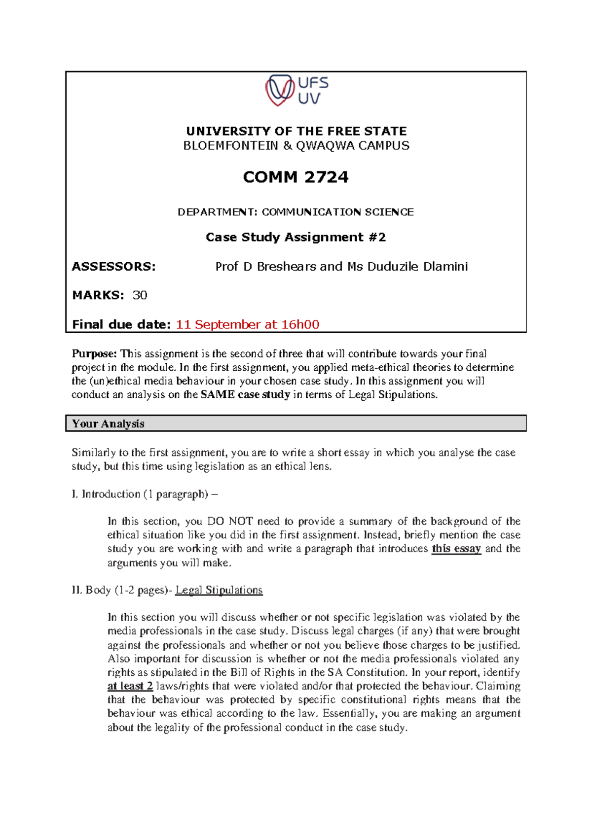 Case Study Assignment 2 UNIVERSITY OF THE FREE STATE BLOEMFONTEIN