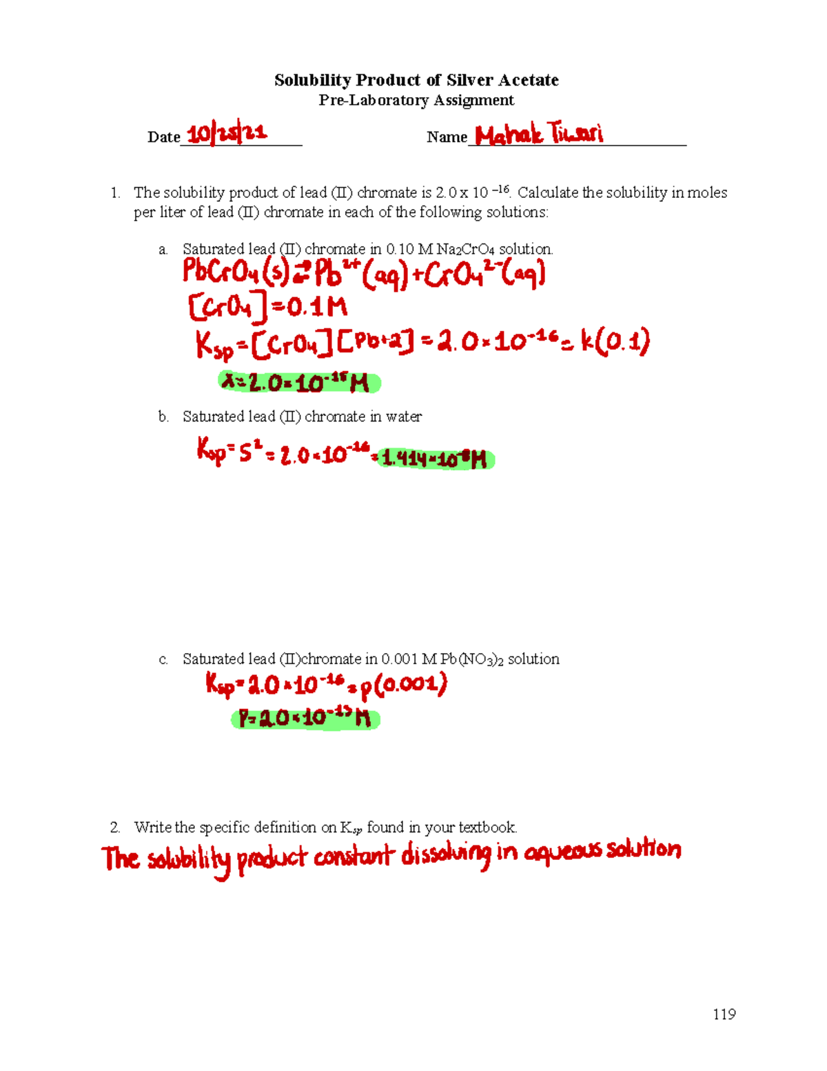 Solubility Silver Acetate Lab Mt Solubility Product Of Silver Acetate Pre Laboratory 7282