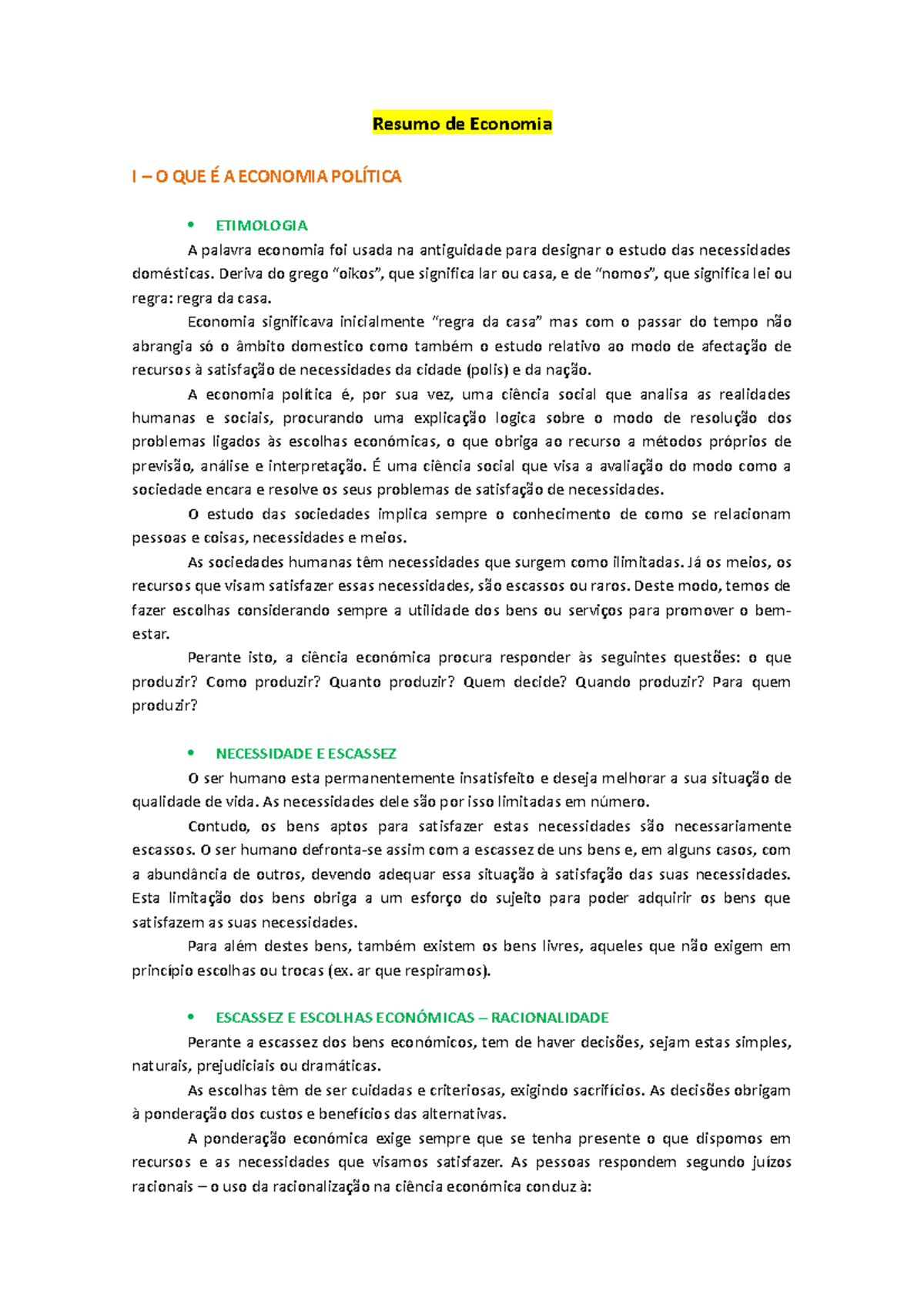 Economia- Resumo 1º Teste - Resumo De Economia I – O QUE É A ECONOMIA ...