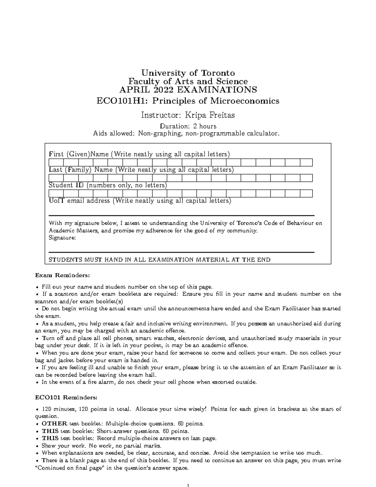 ECO101 Winter 2022 Final Short Answer Questions - University of Toronto ...
