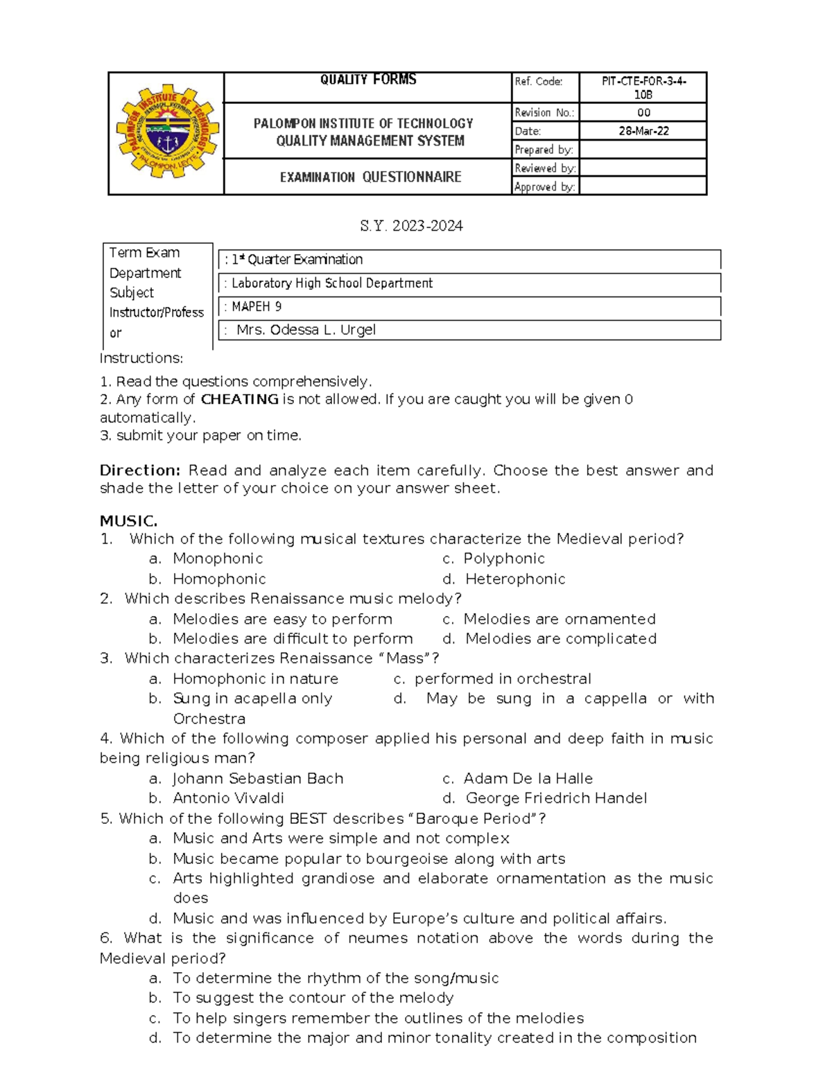 10B- Examination- Questionnaire - QUALITY FORMS Ref. Code: PIT-CTE-FOR ...