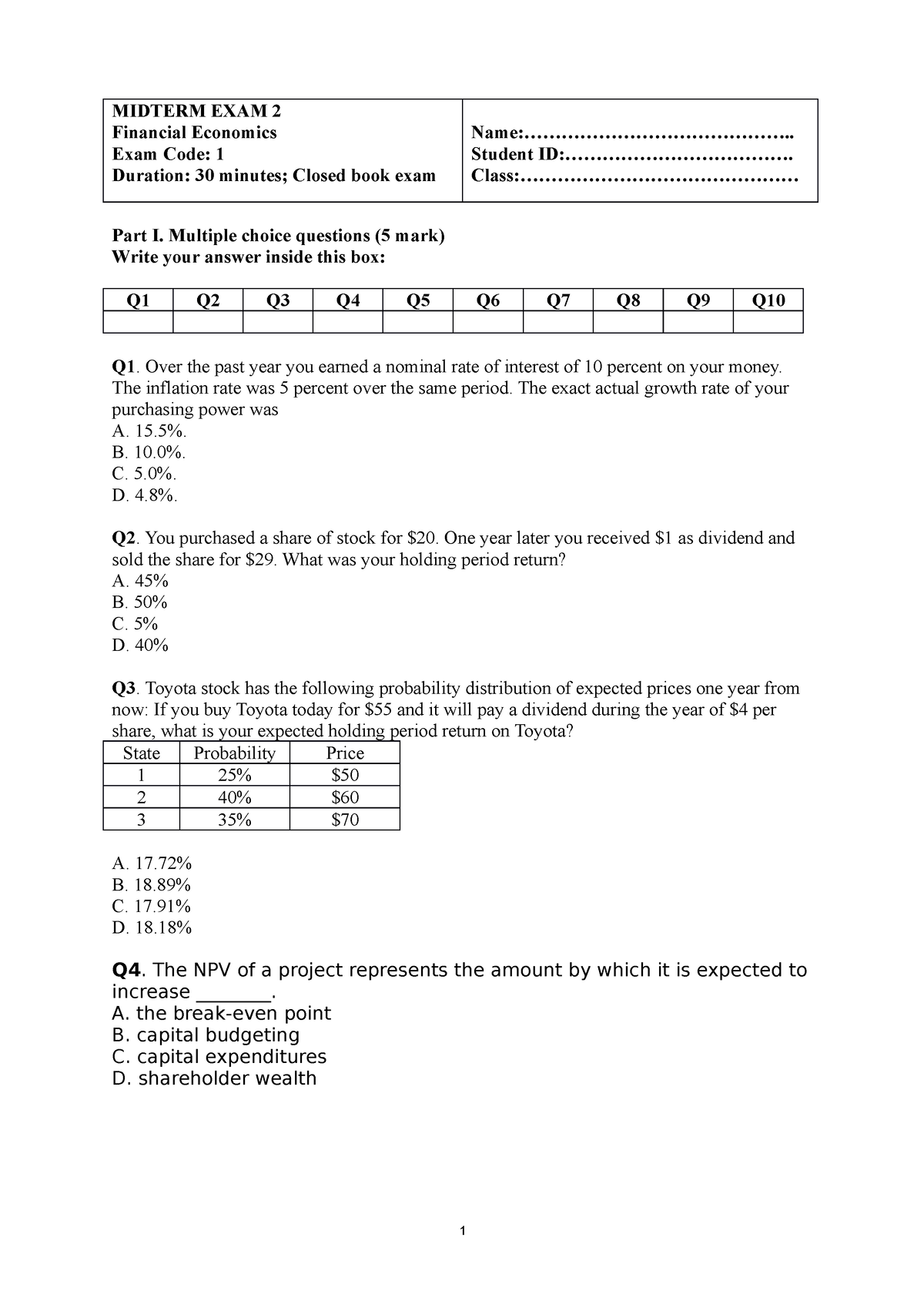 Đề 1 Finance FIN300 ADetails - MIDTERM EXAM 2 Financial Economics Exam ...