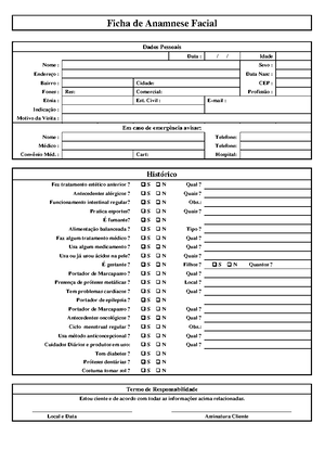 Ficha de Anamnese -Preenchimento Facial