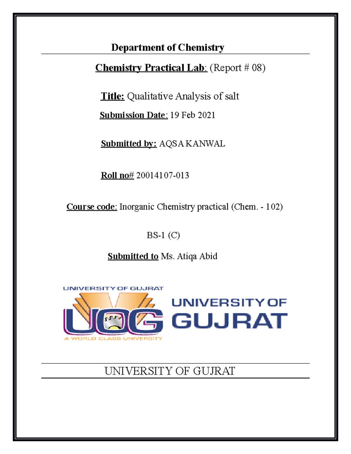 Lab report 8 BY AQSA Knwal - Organic chemistry - UOG - Studocu
