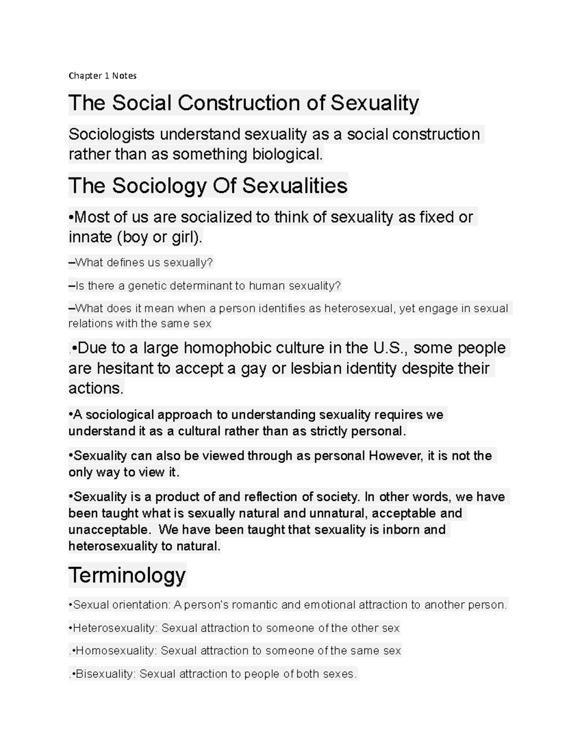 Chapter 1 Notes - Chapter 1 Notes The Social Construction of Sexuality ...