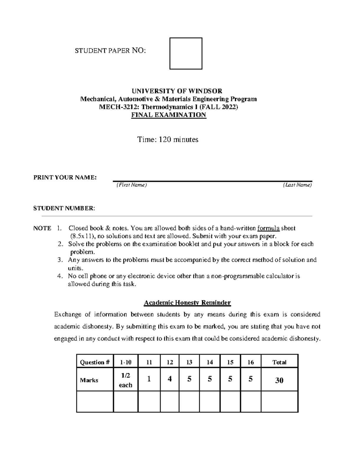 Final Exam Coverpage- Fall 2020 - STUDENT PAPER NO: UNIVERSITY OF ...