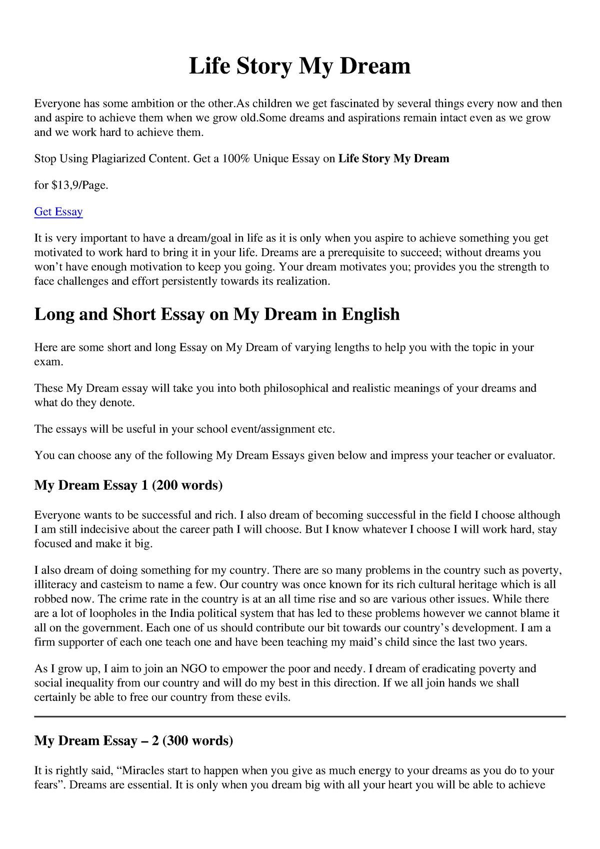 Write a short essay on My Dream, Essay Writing