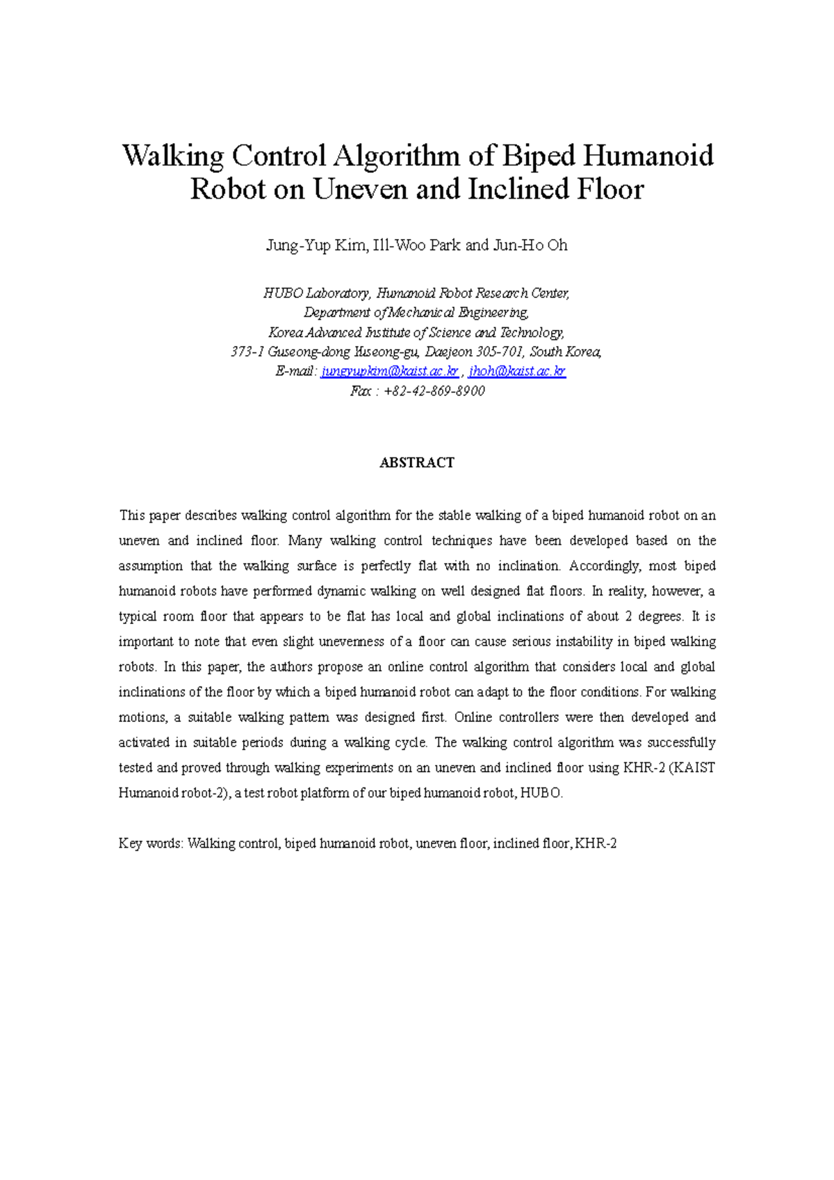 Walking Control Algorithmof Biped Humanoid Roboton Unevenand Inclined ...