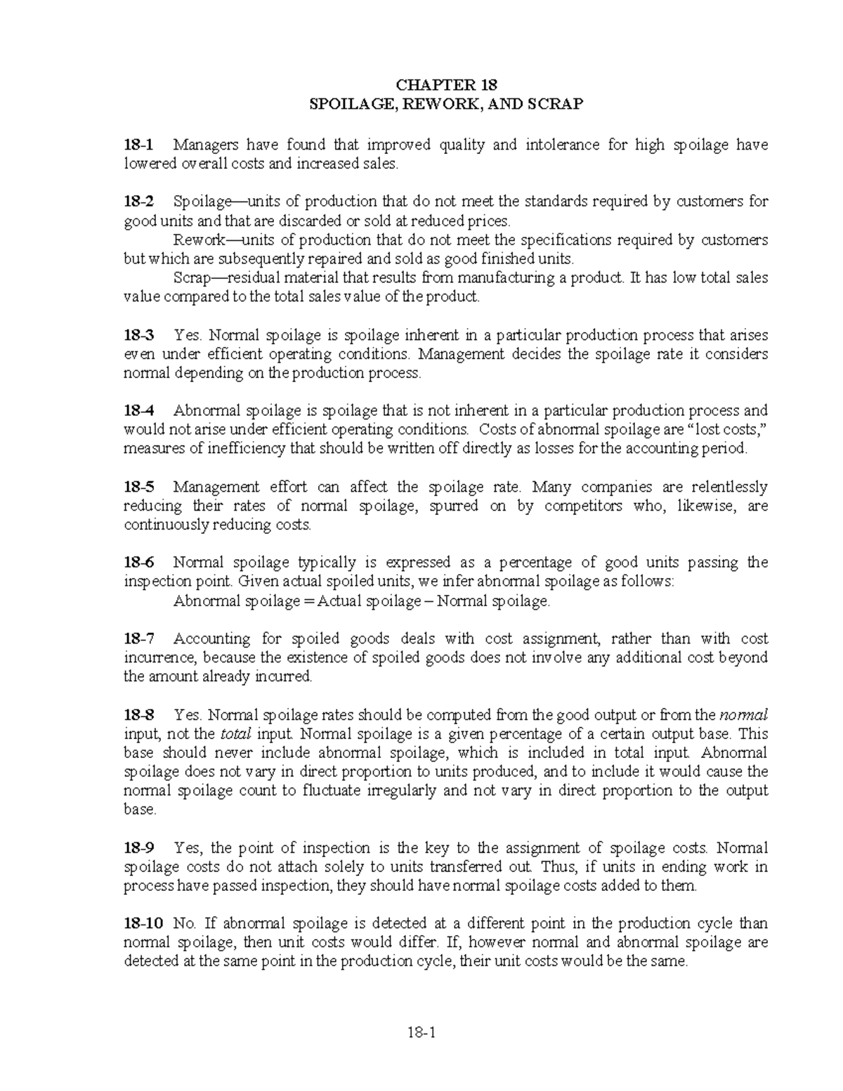 Hca14e sm ch18 - Solution - CHAPTER 18 SPOILAGE, REWORK, AND SCRAP 18-1 ...